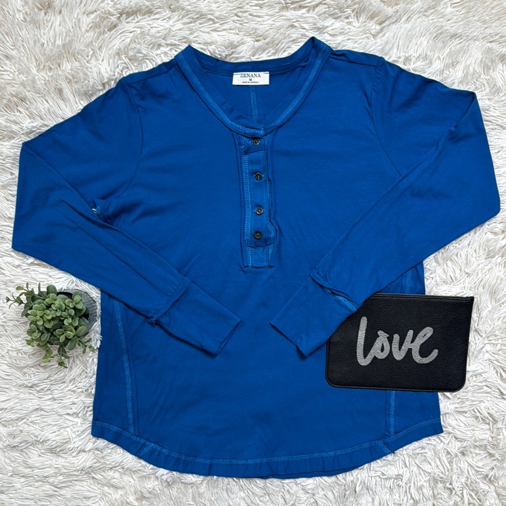 Zenana Henley Raw Seam Top 💗 Blue - Picture 2 of 16